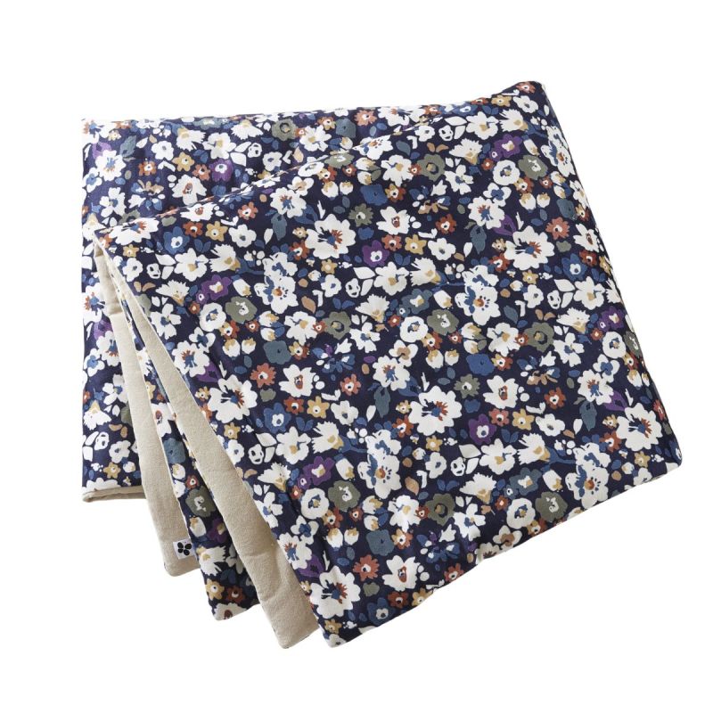 Chemin de lit 90x200cm velours imprimé petites fleurs coloris bleu marine - CORINNE