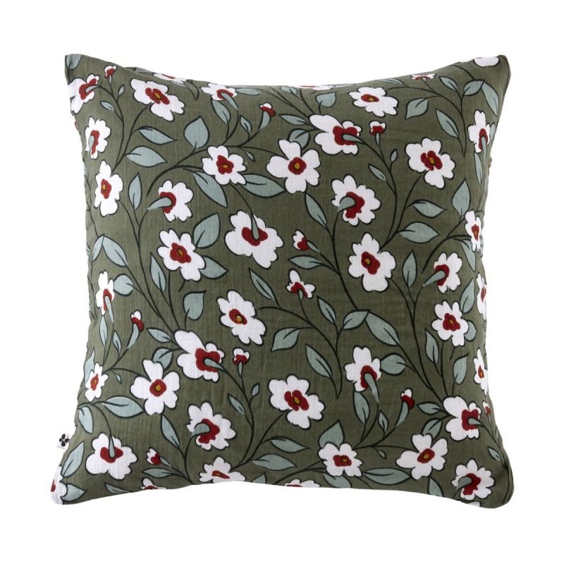 Taie d'oreiller 60x60cm gaze de coton imprimé Floral coloris vert - FLORIANE