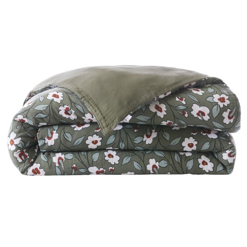Housse de couette 140x200cm gaze de coton imprimé Floral coloris vert - FLORIANE