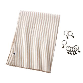 Rideau Ajustable 140x300 cm Gaze de Coton tissé rayé beige + 8 Anneaux Pince - ROMELIA
