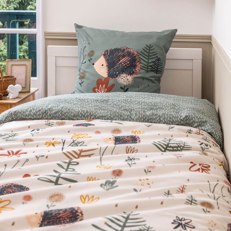 GEDEON - Parure de Lit Imprimé Hérisson Housse de Couette 240x220cm + 2 Taies d'Oreiller