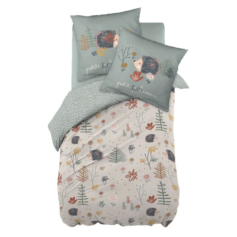GEDEON - Parure de Lit Imprimé Hérisson Housse de Couette 240x220cm + 2 Taies d'Oreiller