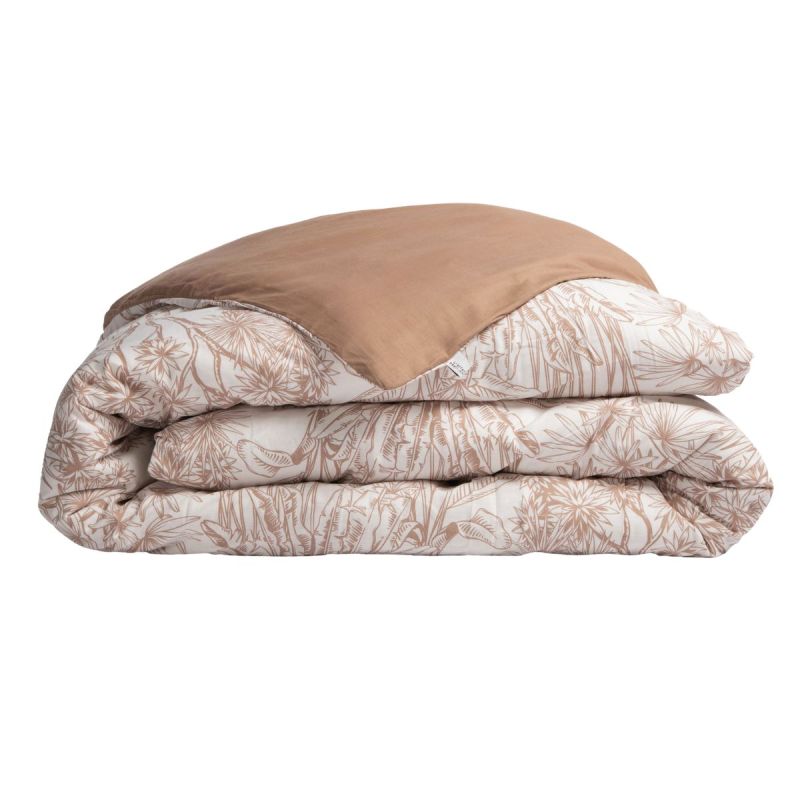 Housse de Couette 140x200cm coton imprimé feuillage blanc et sable - JAVEN