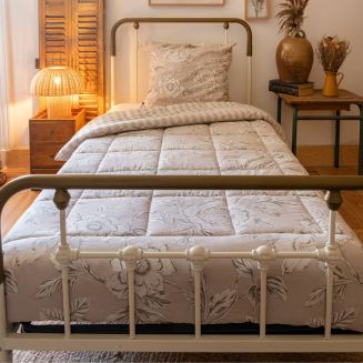 Couette imprimée 140x200cm + 1 taie d'oreiller 63x63cm coton imprimé recto floral verso rayé beige - COTTAGE