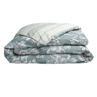 Housse de Couette 260x240cm coton imprimé recto floral verso rayé vert sauge et blanc - TAMIA
