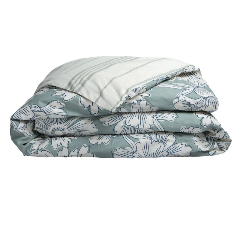 Housse de Couette 260x240cm coton imprimé recto floral verso rayé vert sauge et blanc - TAMIA