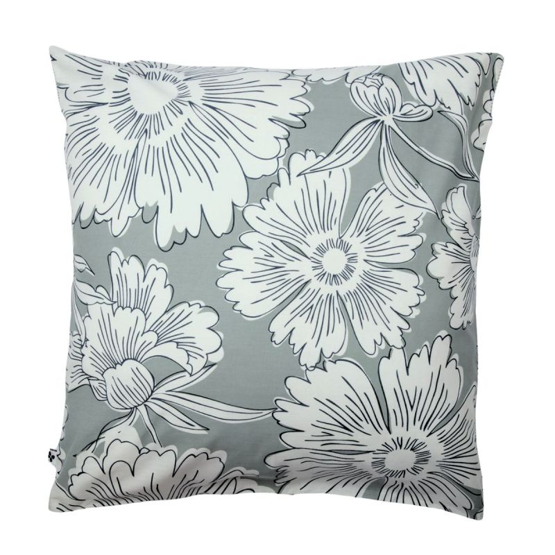 Taie d'oreiller 63x63cm coton imprimé recto floral verso rayé vert sauge et blanc - TAMIA