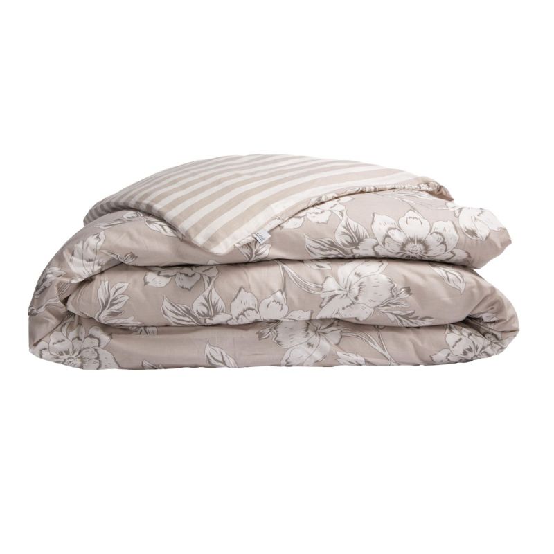 Housse de Couette 200x200cm coton imprimé recto floral verso rayé beige - COTTAGE