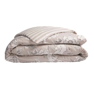 Housse de Couette 240x220cm coton imprimé recto floral verso rayé beige - COTTAGE