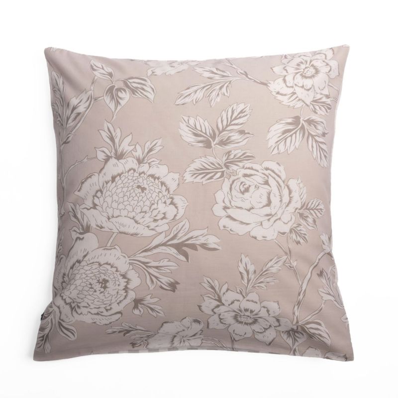 Taie d'oreiller 63x63cm coton coton imprimé recto floral verso rayé beige - COTTAGE