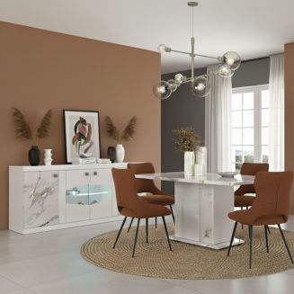 Ensemble séjour buffet et table repas blanc et imitation marbre - ETOLIS