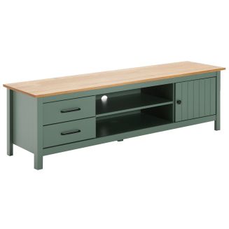 TINA - Meuble TV 1 Porte 2 Tiroirs Bois Ciré et Vert