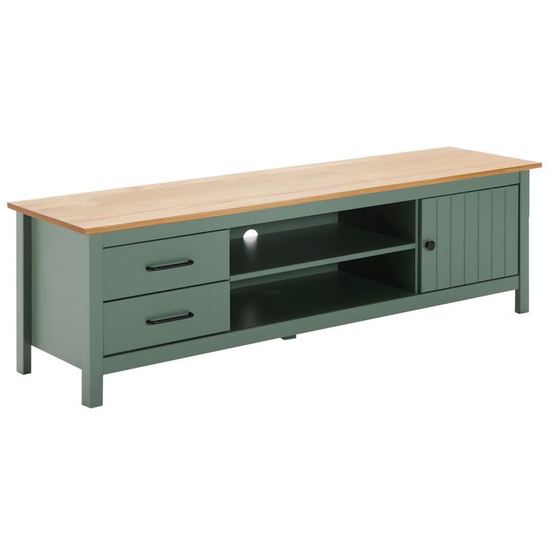 TINA - Meuble TV 1 Porte 2 Tiroirs Bois Ciré et Vert