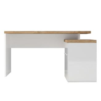 Bureau 138cm avec retour rangements blanc laqué brillant avec plateau en chêne 38mm - GENIUS