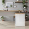Bureau 138cm avec retour rangements blanc laqué brillant avec plateau en chêne 38mm - GENIUS