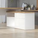 Bureau 138cm avec retour rangements blanc laqué brillant avec plateau en chêne 38mm - GENIUS