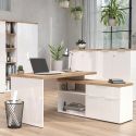 Bureau 138cm avec retour rangements blanc laqué brillant avec plateau en chêne 38mm - GENIUS