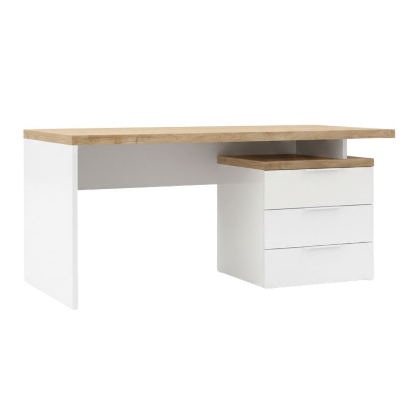 Bureau 160cm avec rangements blanc laqué brillant avec plateau en chêne 38mm - GENIUS
