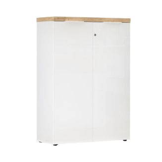 Rangement 2 portes blanc laqué brillant avec plateau en chêne 38mm - GENIUS