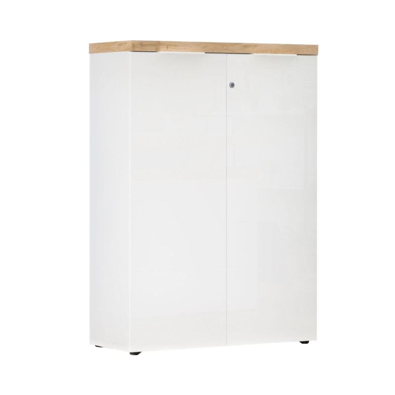 Rangement 2 portes blanc laqué brillant avec plateau en chêne 38mm - GENIUS
