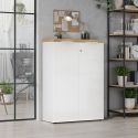 Rangement 2 portes blanc laqué brillant avec plateau en chêne 38mm - GENIUS