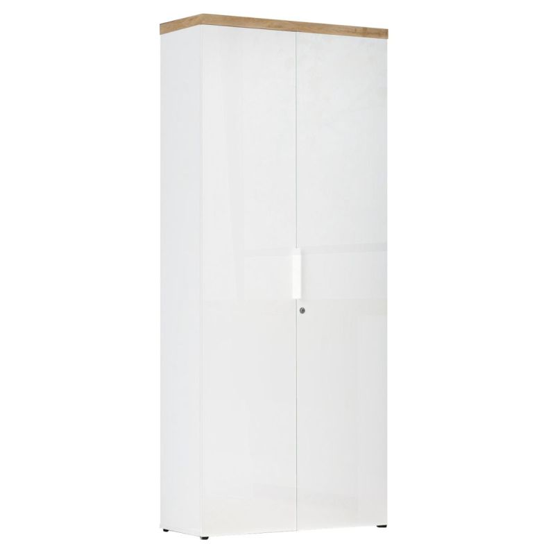 Rangement haut 2 portes blanc laqué brillant avec plateau en chêne 38mm - GENIUS