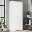Rangement haut 2 portes blanc laqué brillant avec plateau en chêne 38mm - GENIUS