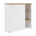 Rangement 2 portes avec niches blanc laqué brillant avec plateau en chêne 38mm - GENIUS