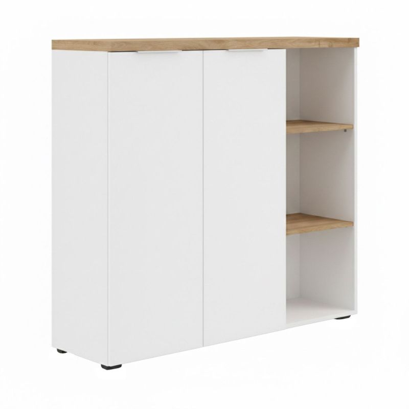 Rangement 2 portes avec niches blanc laqué brillant avec plateau en chêne 38mm - GENIUS