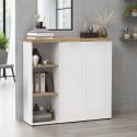 Rangement 2 portes avec niches blanc laqué brillant avec plateau en chêne 38mm - GENIUS