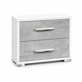 Chevet 2 tiroirs blanc laqué façades aspect ciment pieds et poignées chromées - MIRAE