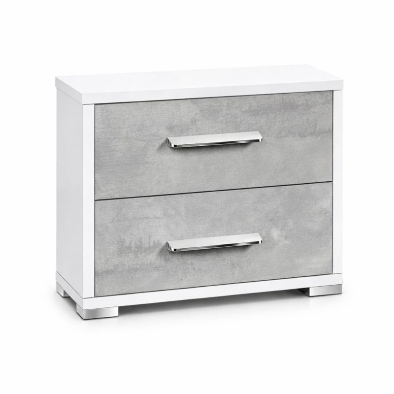 Chevet 2 tiroirs blanc laqué façades aspect ciment pieds et poignées chromées - MIRAE