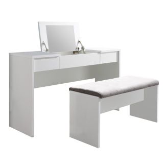 Coiffeuse laquée blanche 2 Tiroirs et miroir relevable avec banquette - LINDSEY