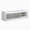 Meuble TV 2 tiroirs laqué blanc façades effet béton avec éclairage Led - STONIA
