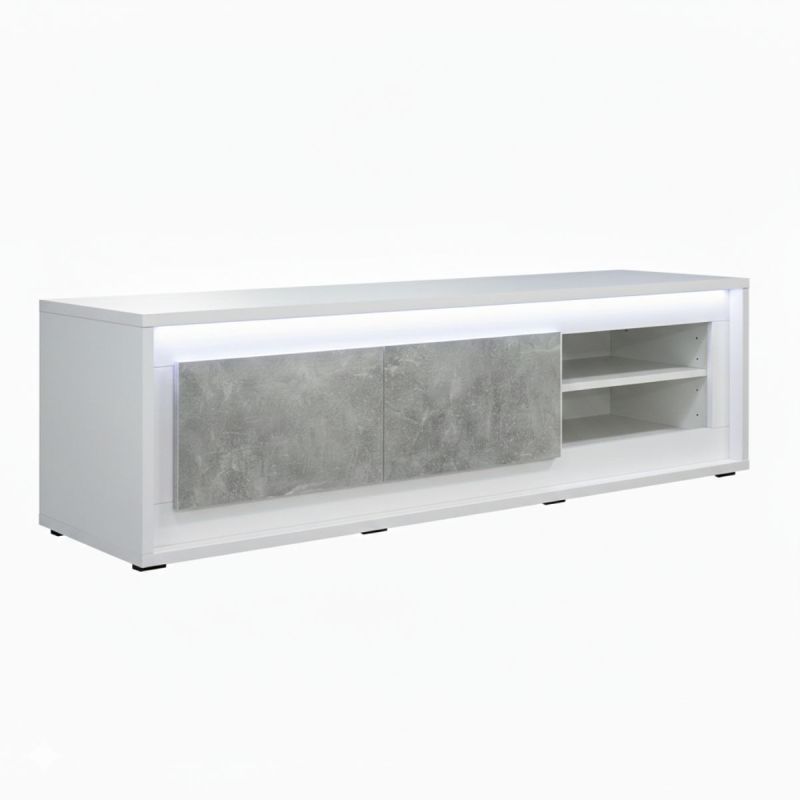 Meuble TV 2 tiroirs laqué blanc façades effet béton avec éclairage Led - STONIA