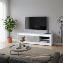 Meuble TV 2 tiroirs laqué blanc façades effet béton avec éclairage Led - STONIA
