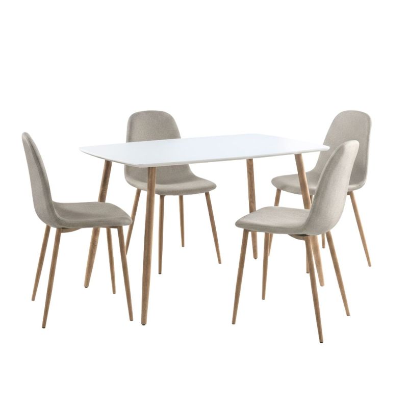 Ensemble repas table blanche + 4 chaises assises gris clair - LEONID