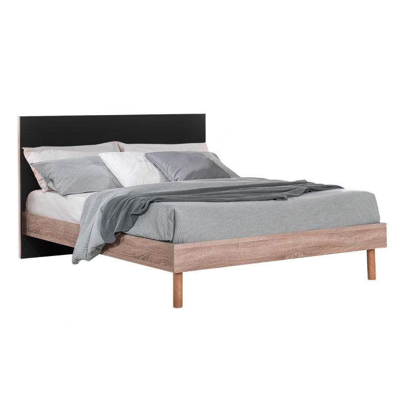 Lit 160x200cm tête de lit noire et cadre aspect bois - YAKIM