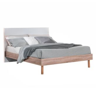 Lit 160x200cm tête de lit blanche et cadre aspect bois - YAKIM