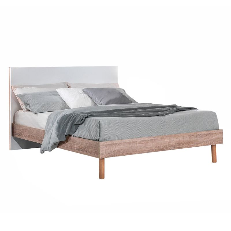 Lit 160x200cm tête de lit blanche et cadre aspect bois - YAKIM