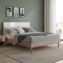 Lit 160x200cm tête de lit blanche et cadre aspect bois - YAKIM