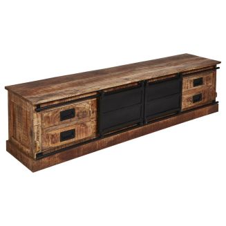 Meuble TV 2 portes coulissantes et 4 tiroirs Manguier et métal noir - RAJAN