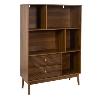 Bibliothèque 2 tiroirs 5 niches en bois et MDF pieds en pin teinté chêne foncé - COLETTE