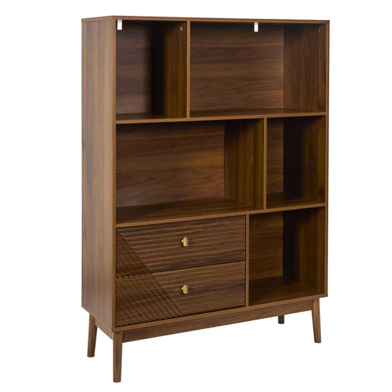 Bibliothèque 2 tiroirs 5 niches en bois et MDF pieds en pin teinté chêne foncé - COLETTE