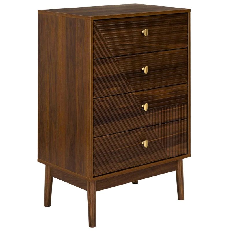Commode 4 tiroirs en bois et MDF pieds en pin teinté chêne foncé - COLETTE
