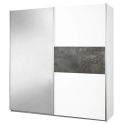 Armoire 2 portes coulissantes blanc laqué avec décor gris oxyde et 1 porte miroir - MARIANE