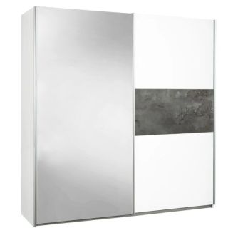 Armoire 2 portes coulissantes blanc laqué avec décor gris oxyde et 1 porte miroir - MARIANE