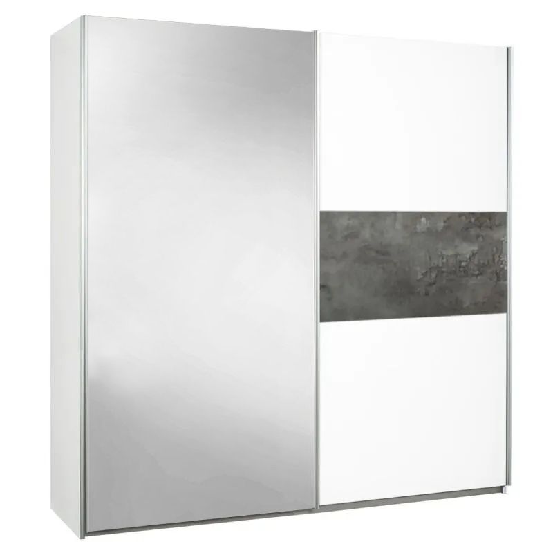 Armoire 2 portes coulissantes blanc laqué avec décor gris oxyde et 1 porte miroir - MARIANE
