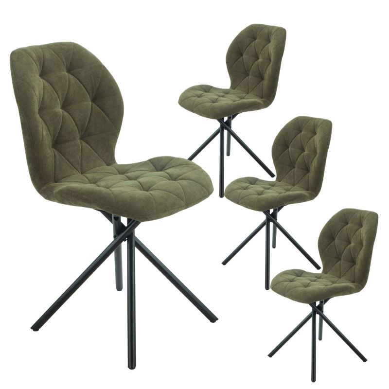 Lot de 4 chaises pivotantes en tissu déperlant vert avec piqûres décoratives losanges - NOLYA