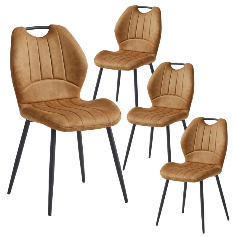 Lot de 4 chaises en tissu microfibre camel avec poignée et pieds métal laqué anthracite - ALDIM